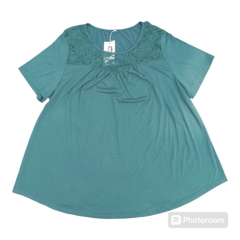 Vislily Green Short Sleeve Peasant Top with Lace Accent, Round Neckline Size 20W